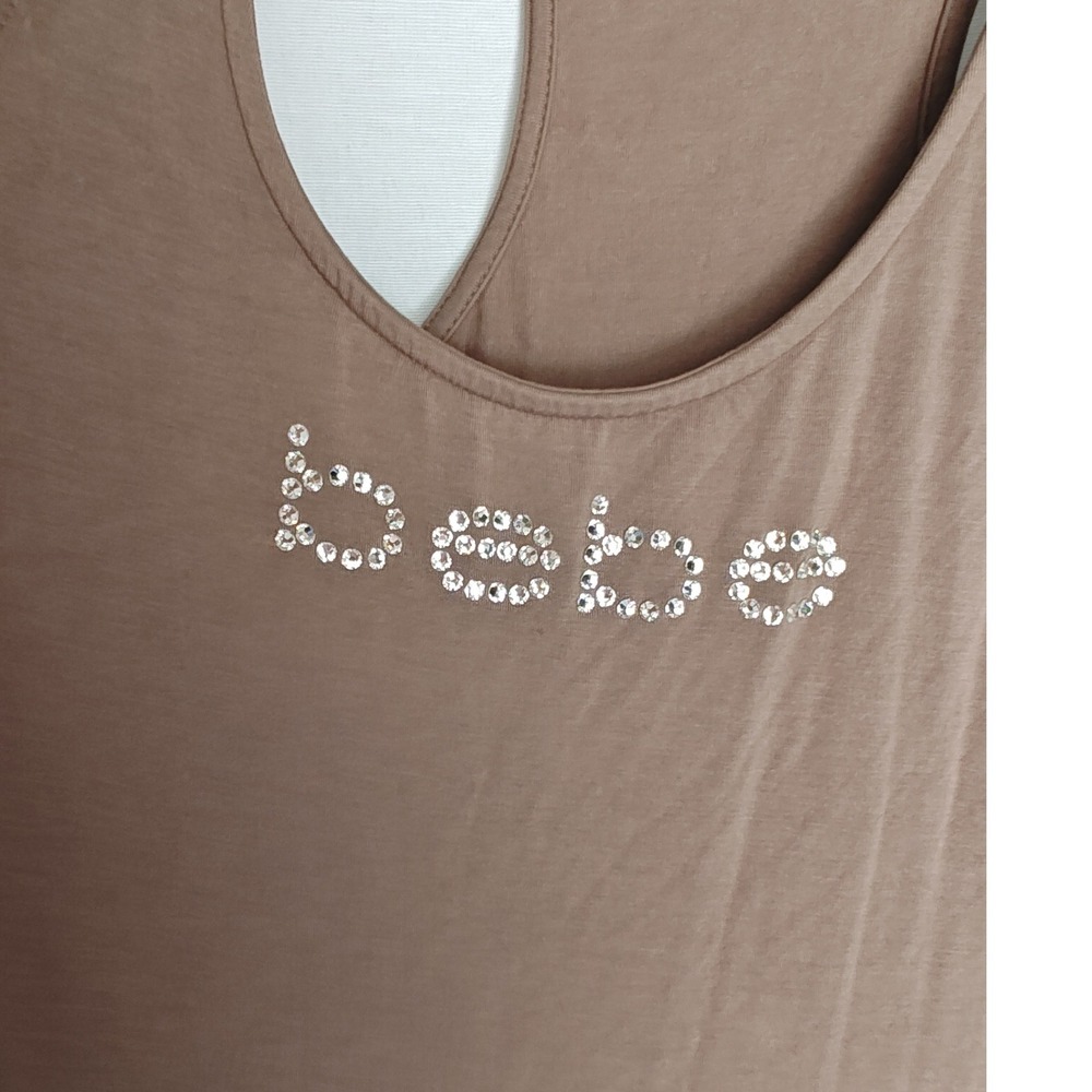 Bebe Maxi Dress Racerback Bling Brown Pine Bark Crystal Logo Large Knit - Picture 3 of 8